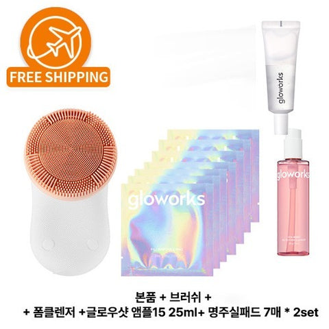 [✈️KOREA] Gloworks - SET 5 (4D Motion Vibration Beauty Device+Philips Amplifon Ear Pad 7 pieces *2set (14 sheets)+Berry Oil for Face Cleanser+Cleansing Brush+Glowshot Ampoule15 25ml)