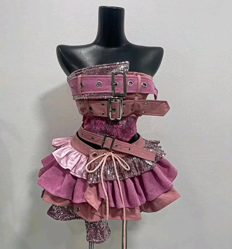 Pink Two-Piece Girl Group Stage Outfit Kpop High Teen Look Kitsch Look BJ