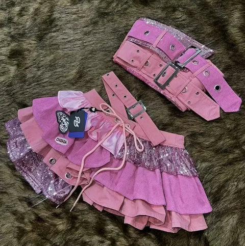 Pink Two-Piece Girl Group Stage Outfit Kpop High Teen Look Kitsch Look BJ